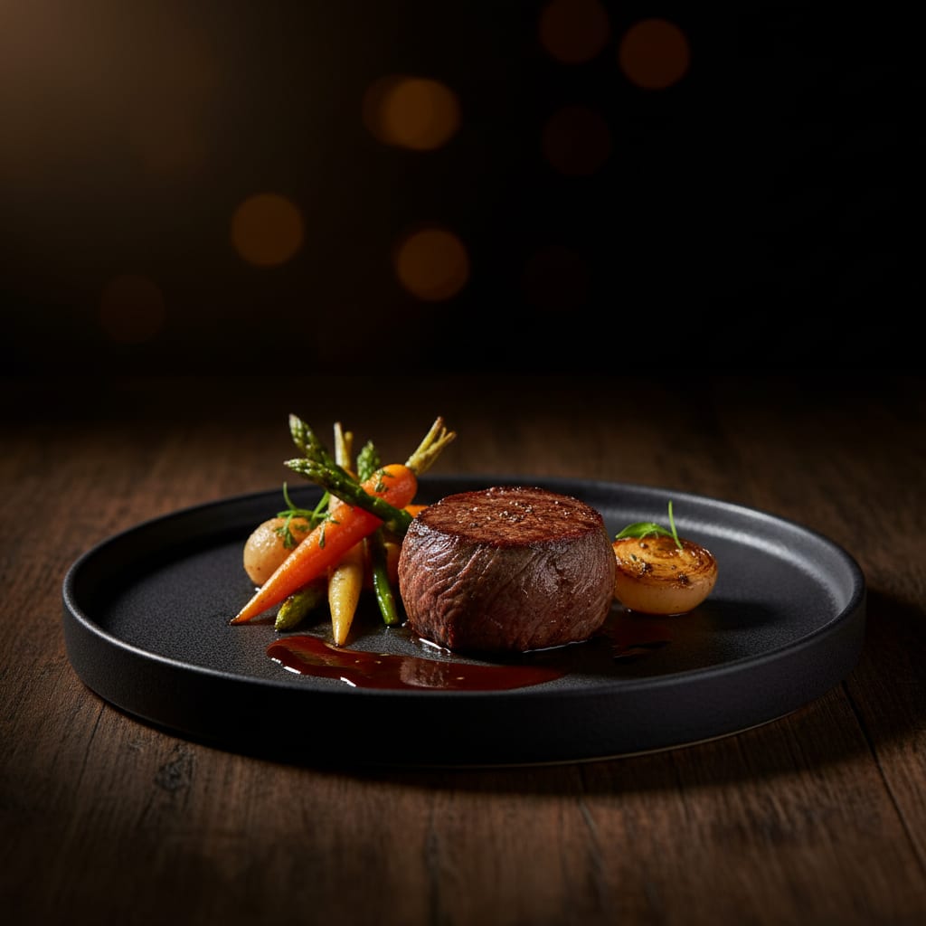 Pan-seared beef fillet with charred baby vegetables and a red wine reduction