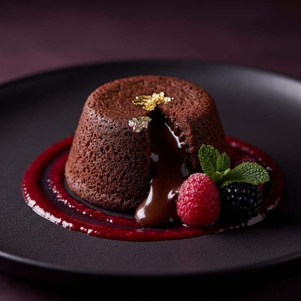 Dark chocolate fondant with a molten centre, gold leaf and fresh berries