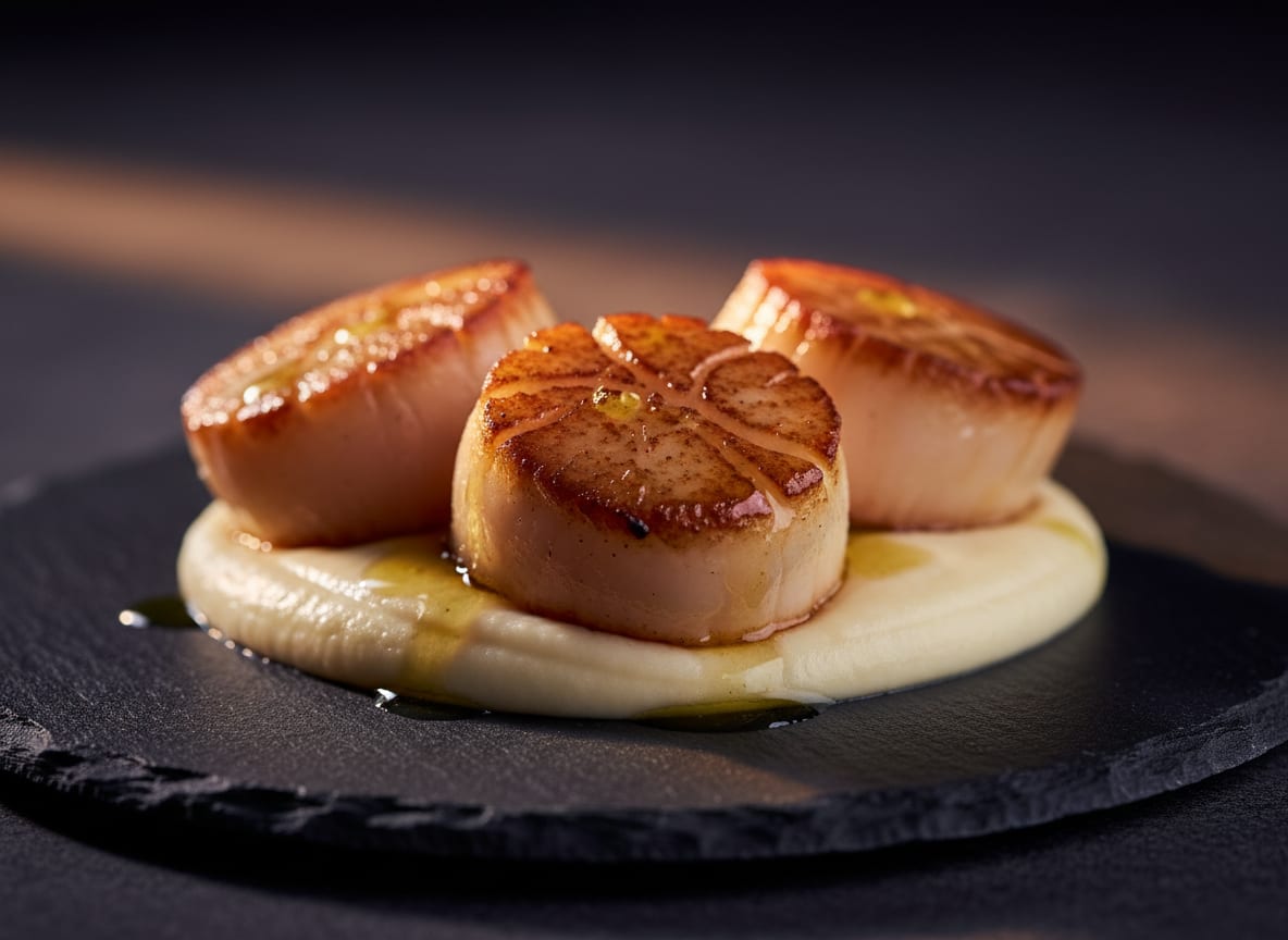 Pan-seared scallops on a bed of cauliflower purée, finished with a chilli oil drizzle