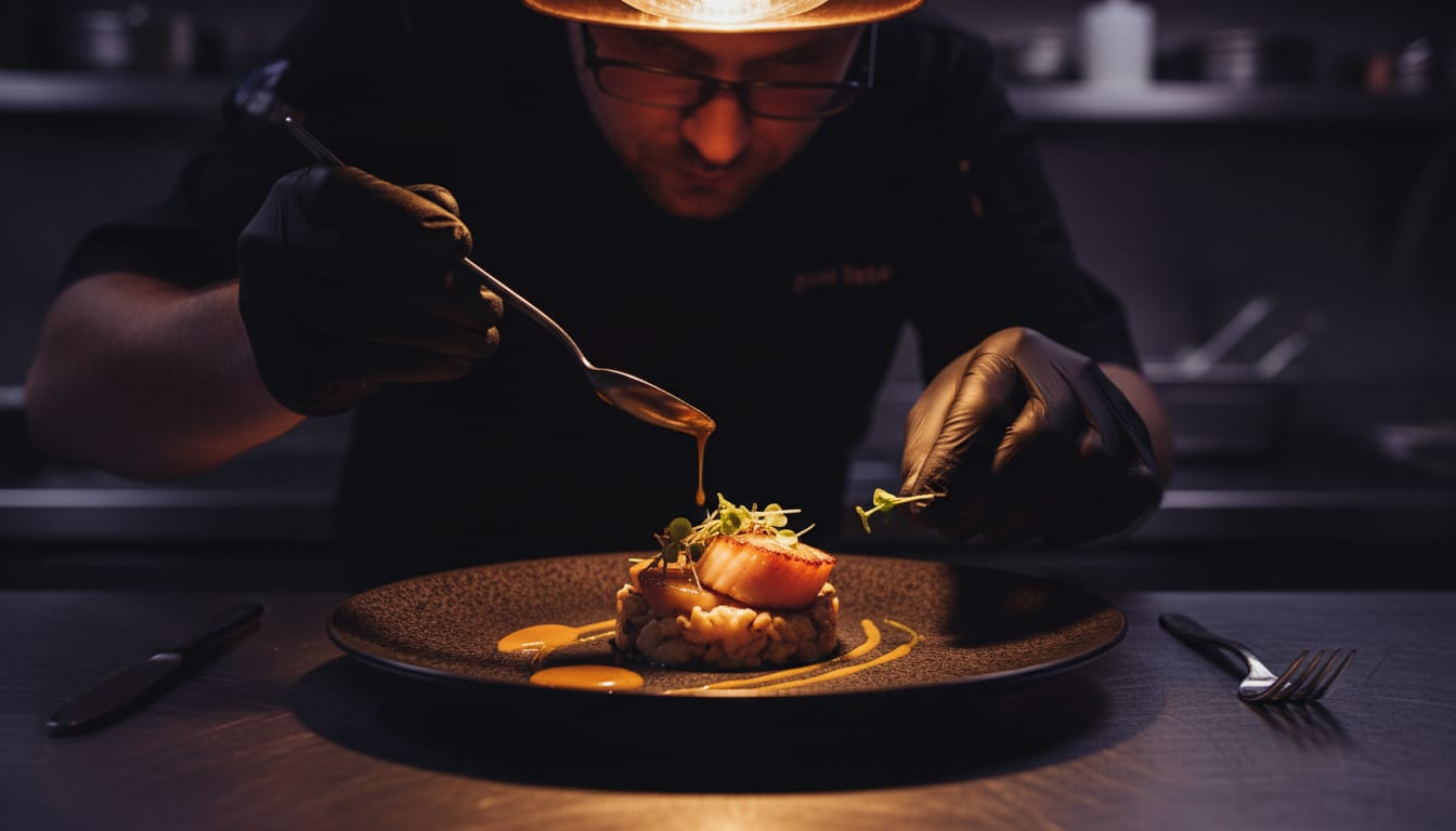 Our chef plating a seared scallop dish with meticulous care